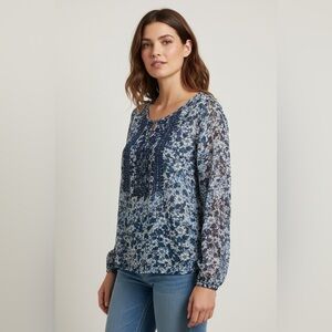 J. Jill Long Sleeve Button Front Blue Floral Blouse Size Large